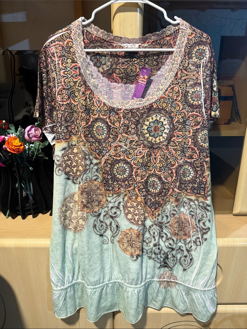 Avenue Mint & Multi Medallion Lace-Trim Scoop Neck Top